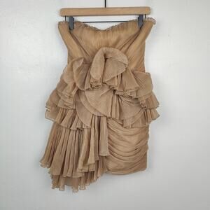 BcbgMaxAzria Runway Ruffle‎ Mini Dress Womens 0 Tan Tiered Y2K Silk Chiffon